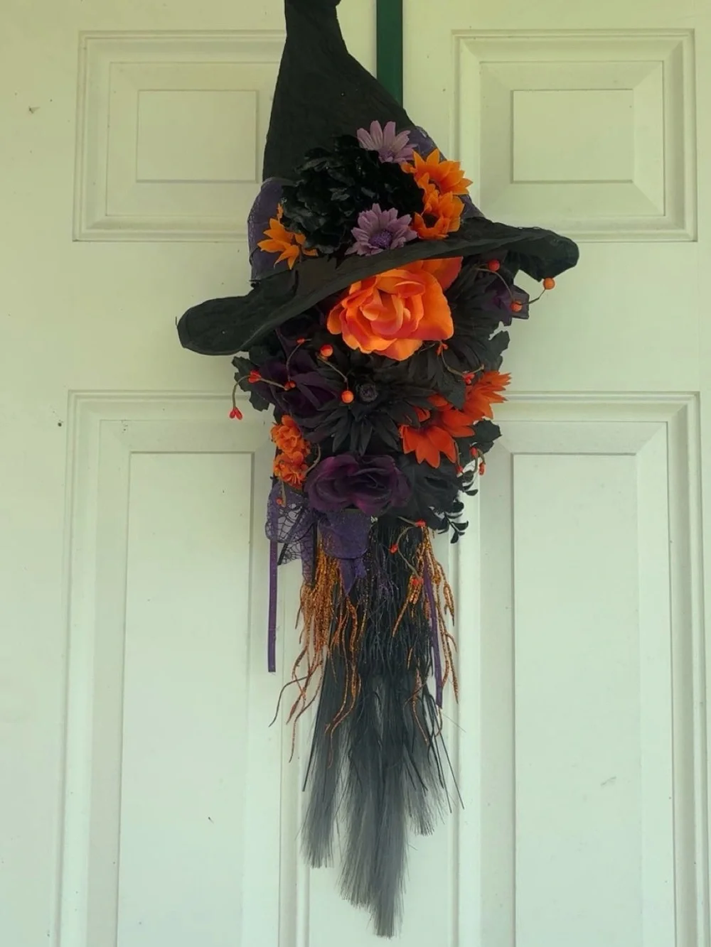 Halloween Witch Hat Door Wreath with Black, Orange & Purple Flowers